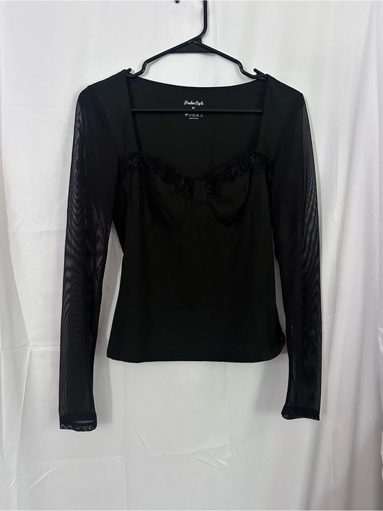 pinkmstyle Tops - Black Long Sleeve Mesh Lace-Trim Sweetheart Top